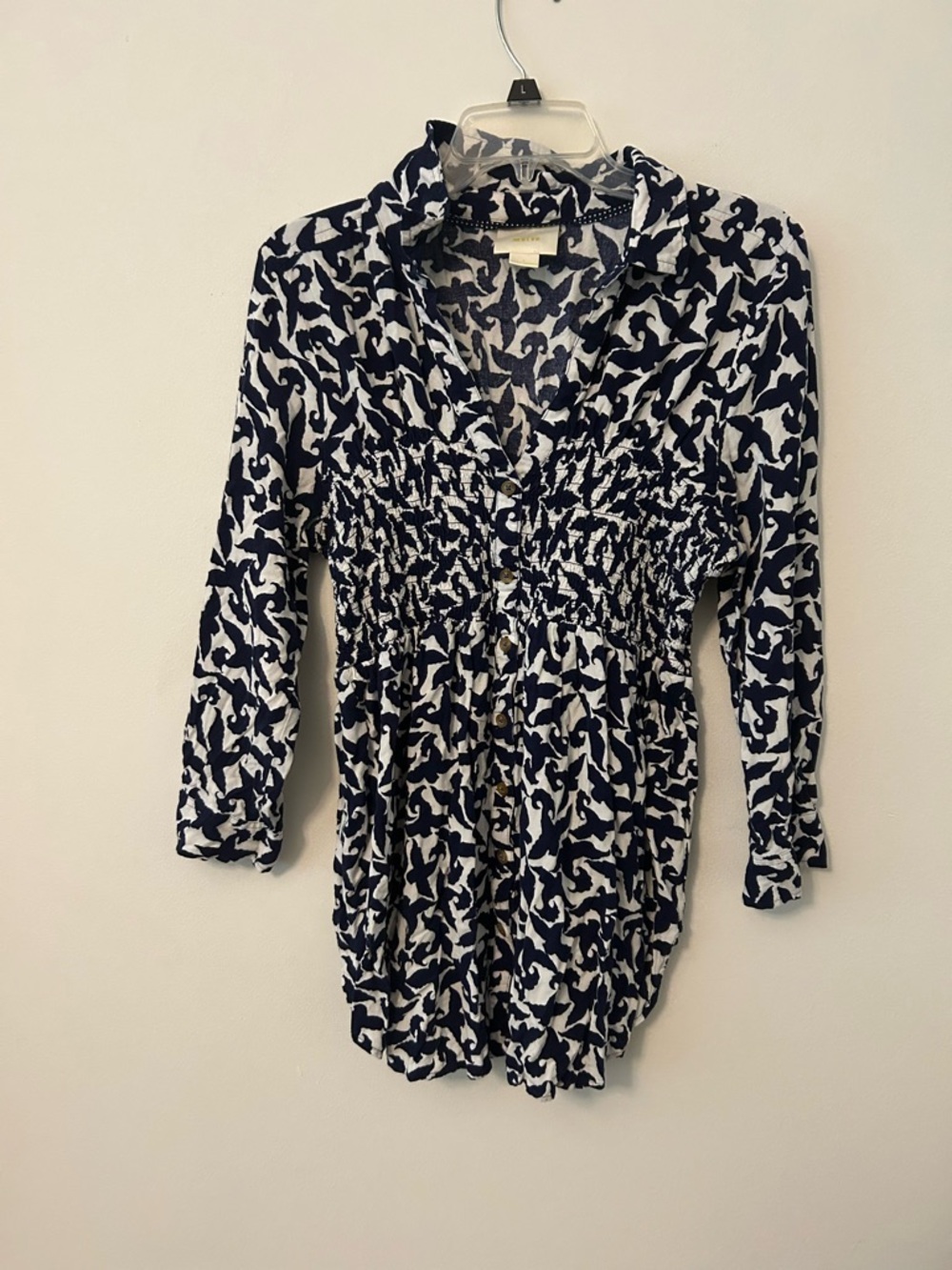 Women’s Anthropologie Navy & White Smocked Waist Button-Front Top